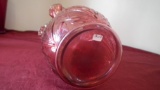 Fenton, cranberry vase, daffodils, crimped top, mold mark inside bottom, 8” x 6 1/4”