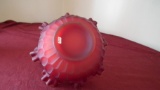Fenton, red basket, crimped top edges, thumbprint, glows gold when held to the light, unmarked, 8” x