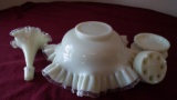 Fenton, light custard, 4 piece vase, unmarked; bowl with clear edges, 4”x 10”; frog 1 1/2” x 4 1/4”;