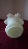 Fenton, light custard vase, crimped top, unmarked, 6” x 6 1/2”