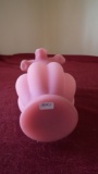 Fenton, pink satin vase, crimped top, white inside, unmarked, 5 ¾” x 3”