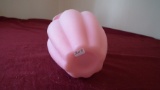 Fenton, pink satin pitcher with white edge, white Fenton original price tag, 5 1/2” x 4 1/2”