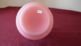 Fenton, pink satin basket with crimped top, gold Fenton sticker, 7 ½'” x 4 1/2”