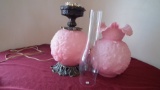 Fenton, pink satin lamp, poppy, 24” tall all together; BEAUTIFUL LAMP; brass base L & L WMC 8” wide;