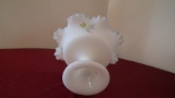 Fenton, white with hand painted flowers candy dish, crimped top, hand painted by V. G. Anderson, sil