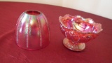 Fenton, red carnival beaded daisy (?) fairy lamp, silver Fenton sticker on top piece, marked Fenton,