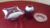 Fenton, 3 piece fairy lamp, plum & white top, clear center, plum & white coin spot opalescent bottom