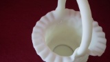 Fenton, handled poppy basket with crimped top, unmarked, 7” x 9”
