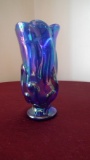 Fenton, blue carnival vase, scalloped top, silver Fenton sticker, marked Fenton, 5 1/4” x 4”