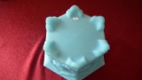 Fenton, light blue planter, assorted flowers design, silver Fenton sticker, marked Fenton, marked F,