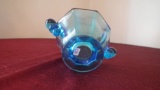 Fenton, clear blue 2 handled candy dish, silver Fenton sticker, marked Fenton, 3” x 5 1/2”