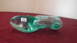 Fenton, green & opalescent shoe with flowers, marked Fenton, 6 1/2” x 2”