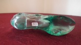 Fenton, green clear shoe with flowers, marked Fenton, 3” x 5 1/2”