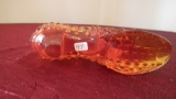 Fenton, orange clear hobnail shoe with cat head, unmarked, 3” x 6”