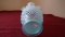 Fenton, blue & white opalescent hobnail vase, wavy crimped top, unmarked, 5