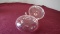 Pink depression glass 3 footed covered bowl, bowl = 5” x 6”
