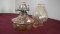 Oil lamp, amber, has wick, patriotic panels, opalescent globe, 10” x 5