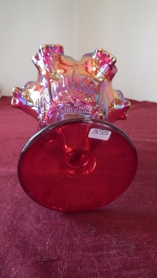 Fenton, red carnival stemmed candy dish, cactus, marked Fenton, 6” x 5”