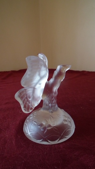 Fenton, clear satin butterfly on branch, unmarked, 4 1/2” x 3”