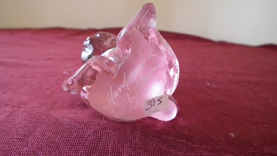 Fenton, clear pink hand painted rabbit, silver Fenton sticker, marked Fento