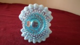 Fenton, blue & white opalescent hobnail basket, clear handle, crimped edge,