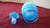 Fenton, blue & white opalescent hobnail perfume with stopper, stopper = 1”,