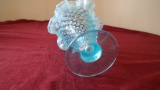 Fenton, blue & white opalescent hobnail vase, ruffled crimped top, unmarked