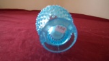Fenton, blue & white opalescent hobnail mini-vase, unmarked, air bubble in