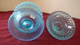 Fenton, blue & white opalescent hobnail covered candy dish, unmarked, 7” x