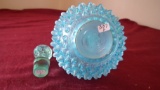 Fenton, blue & white opalescent hobnail cruet with stopper, unmarked, 6 1/2