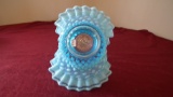 Fenton, blue & white opalescent hobnail basket, clear handle, marble edges,