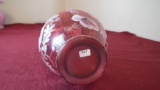 Fenton, cranberry basket with hand painted flowers, clear handle, unmarked,