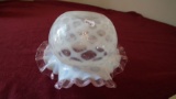 Fenton candy dish, white coinspot with lilac top edge, rippled crimped top, unmarked,