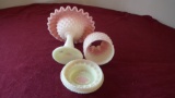 Fenton, custard fairy lamp, 3 pieces; base = custard hobnail, 95 silver Fen