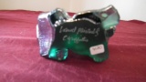 Fenton, green opalescent hand painted dog, 95 silver Fenton sticker, marked