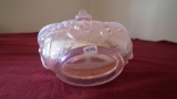 Fenton, pink opalescent oblong basket, lilly of the valley, marked Fenton,