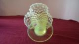 Fenton, yellow opalescent hobnail vase, unmarked, 5 1/2” x 5 1/2”