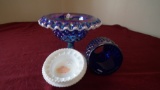 Fenton, 3 piece blue carnival fairy lamp; base = hobnail, silver Fenton sti