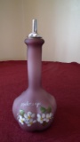 Fenton, mauve satin hand painted oil decanter, mock orange blossoms, signed