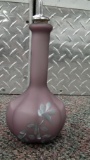 Fenton, mauve satin hand painted oil decanter, gardenias, signed by Jan Cur