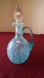 Fenton, blue opalescent cruet, daisy & fern, clear stopper with a few chips