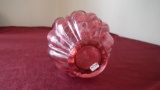 Fenton, cranberry basket with clear handle, ruffled top, marked Fenton, 8 1