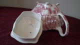English Chippendale Johnson Bros. England, tea pot, burgandy flowers on whi