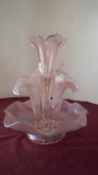 Fenton, pink opalescent etigere with 4 flutes (3 same size, 1 taller), gold