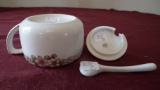Nippon, sugar bowl with cover & scoop/paddle, pink & yellow dogwood blossom