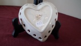 Lenox, heart trinket dish with cut out hearts, rose in center, gold rim, ma