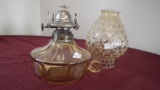 Oil lamp, amber, has wick, patriotic panels, opalescent globe, 10” x 5