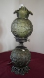 Fenton, green poppy lamp, crimped ruffled edges, brass, clear top globe, 22