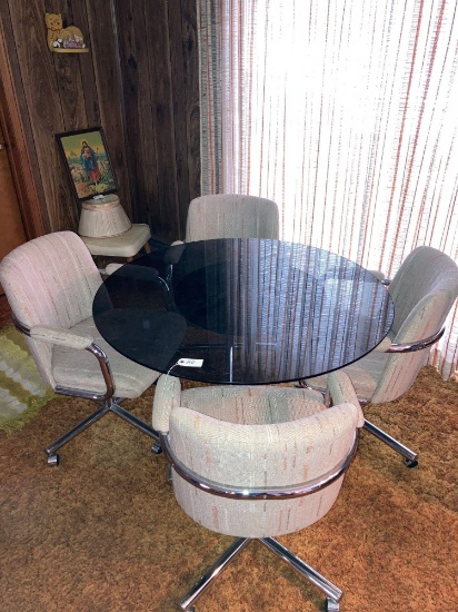 Chromcraft Mid-Century 1975 roll around swivel chairs & smoke glass top pedestal table