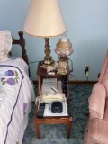 Wood end table, Digital answering machine, telephone, 2 table lamps, misc.